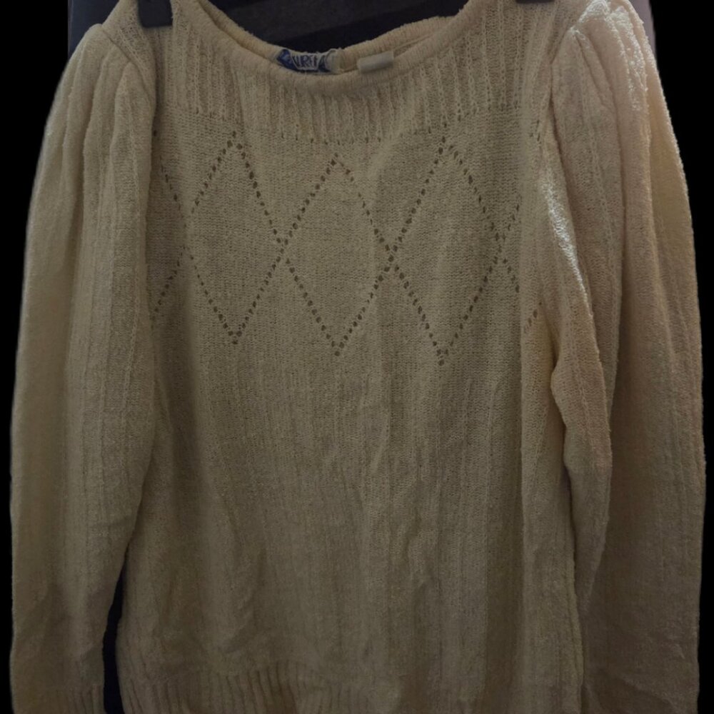 Vintage Measure Up Cream Knit Sweater & Scarf Set - Puff Sleeve - 80s 90s